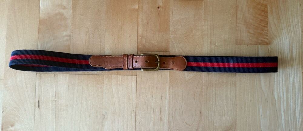 Coach Belt Mens 40 Blue Red Striped Natural Linen Brown Leather Golf Casual